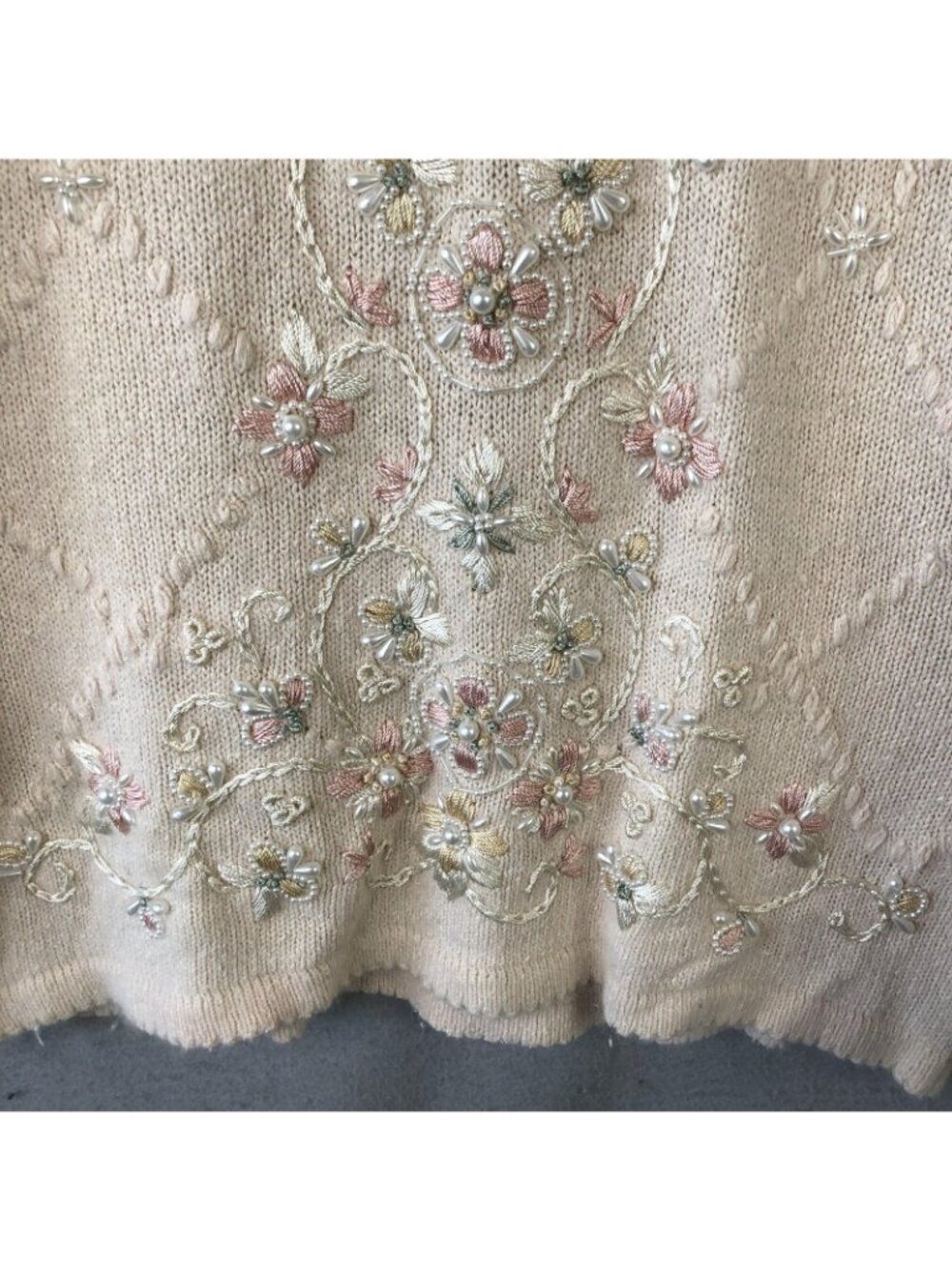 Vintage Beldoch Popper Sweater Tunic Womens L Cream Silk Angora Beaded Floral - Picture 16 of 16